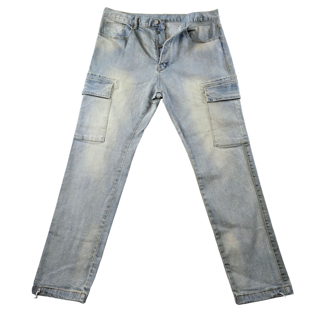 Mnml Jeans Mens 34x32 Blue‎ Slim Tapered Light Wash Cargo Pockets Denim Stretch